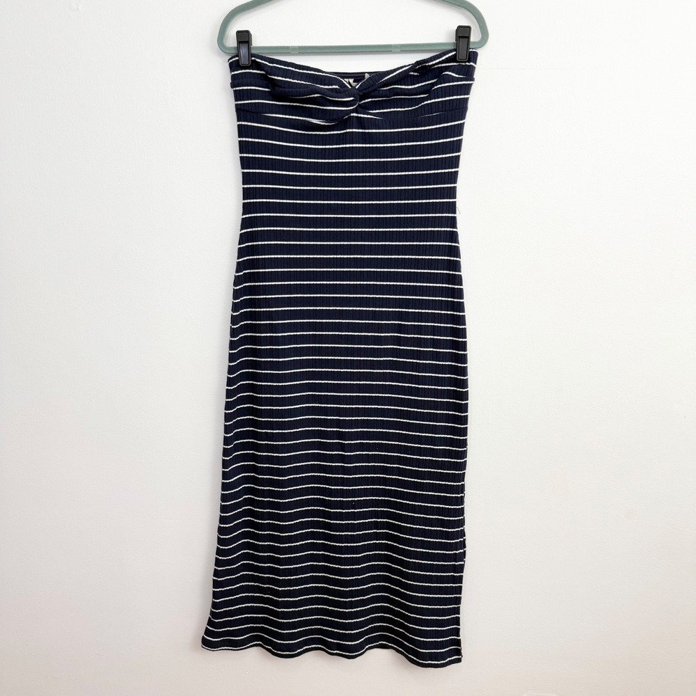 Anthropologie Strapless Twist Front Midi Dress Navy White Stripe Ribbed Size M - Picture 3 of 7